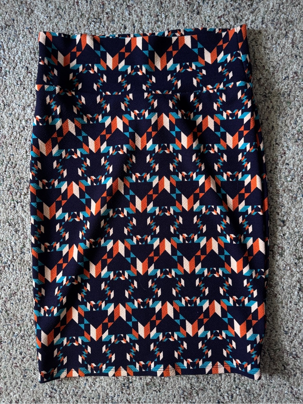 LuLaRoe Navy Pencil Skirt with Orange and Teal Geometric Motif